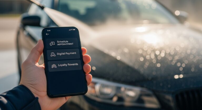 Smartphone com app de agendamento de lava jato e carro sendo lavado ao fundo