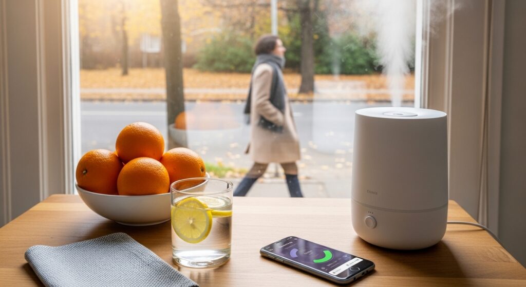 Mesa com água, frutas e umidificador e pessoa caminhando numa rua de outono-inverno