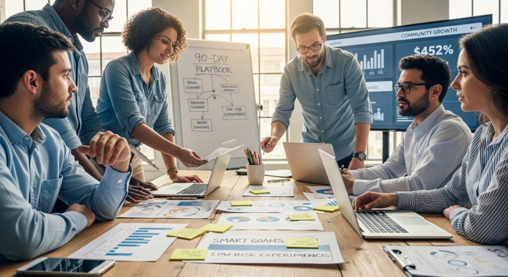 Equipe de marketing em escritório colaborando com gráficos e metas SMART