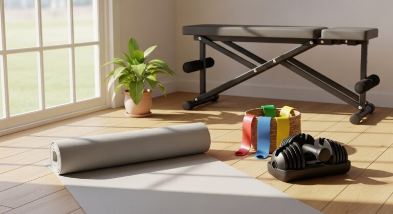 canto de treino em casa com tapete, halteres ajustáveis e luz natural