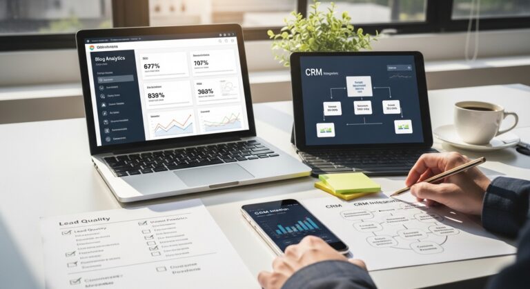 Mesa de marketing digital com laptop, smartphone e anotações de personas