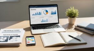 Profissional de marketing em uma mesa moderna com laptop exibindo gráficos de inbound marketing