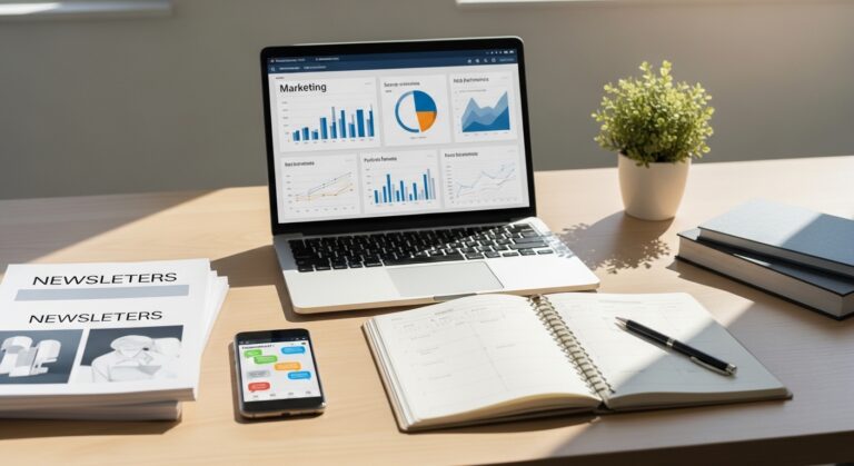 Profissional de marketing em uma mesa moderna com laptop exibindo gráficos de inbound marketing