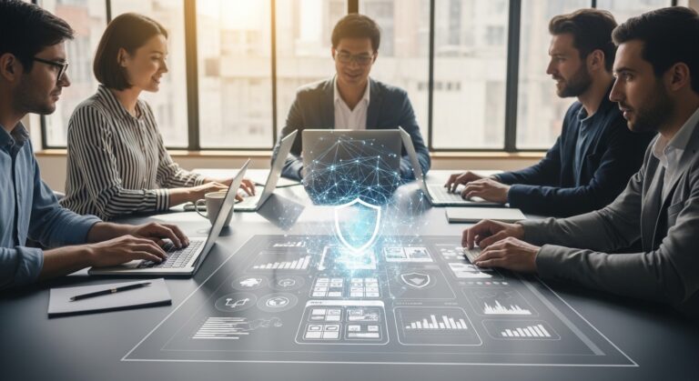 Equipe de design digital trabalhando com IA generativa e dashboards de métricas em escritório moderno