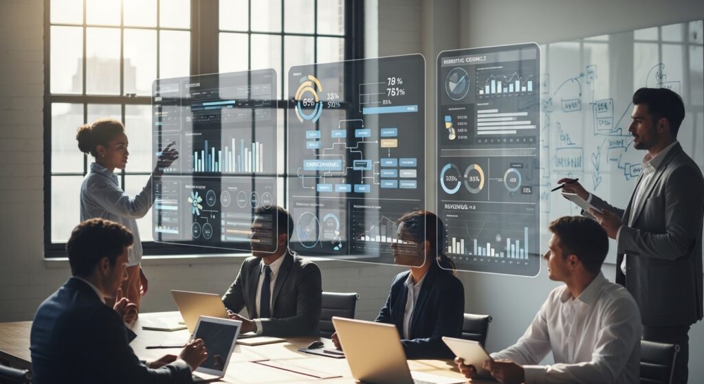 Equipe de marketing analisando dashboards digitais em escritório moderno.