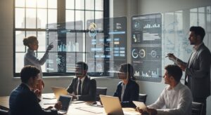 Equipe de marketing analisando dashboards digitais em escritório moderno.