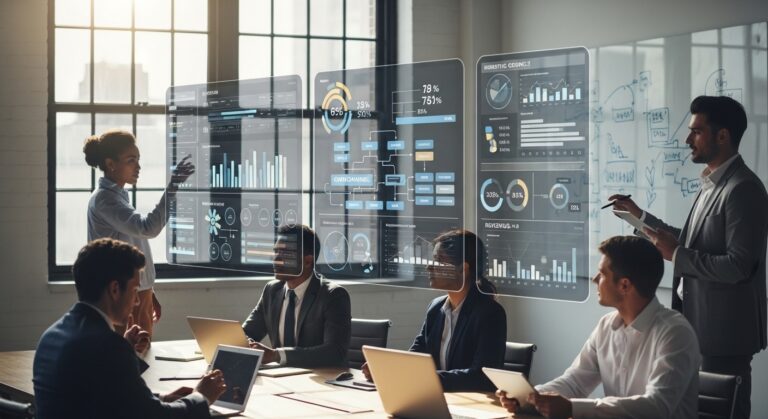Equipe de marketing analisando dashboards digitais em escritório moderno.
