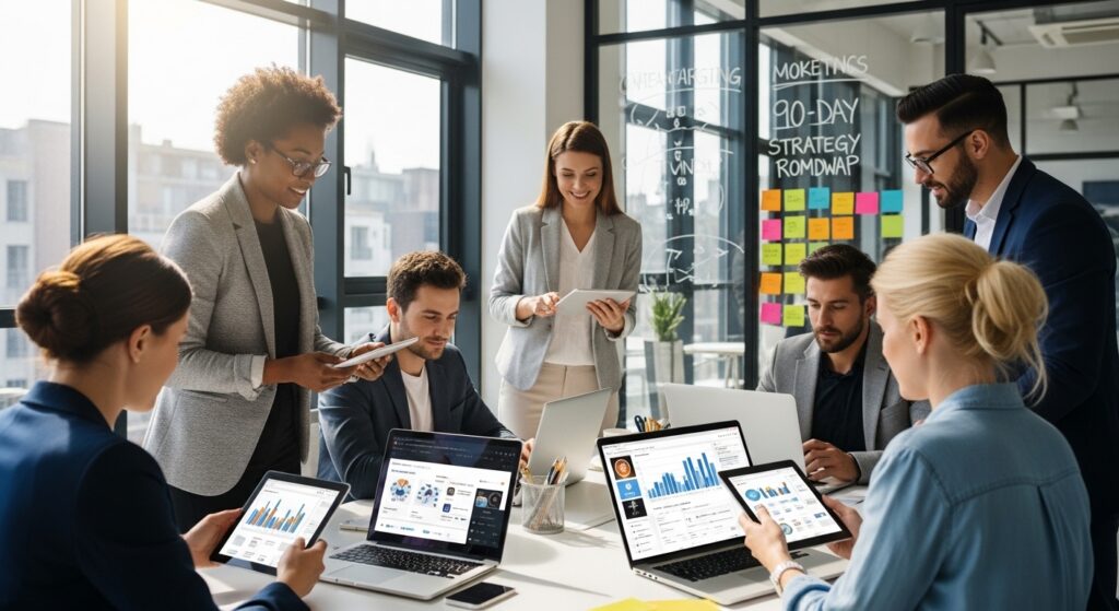 Equipe de marketing em escritório colaborando em estratégia digital