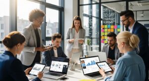 Equipe de marketing em escritório colaborando em estratégia digital