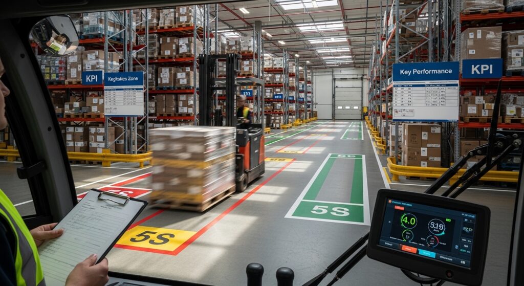 Empilhadeira transporta pallets em galpão organizado com marcações de solo e supervisor com checklist