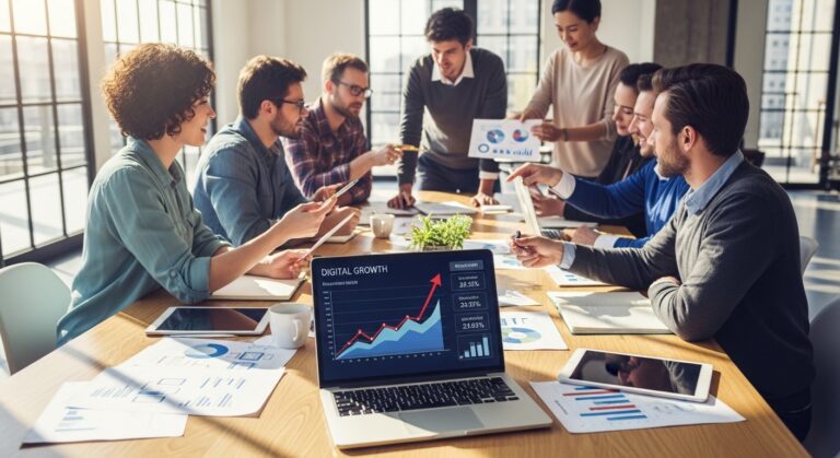 Equipe revisando métricas de marketing digital e gráficos de crescimento