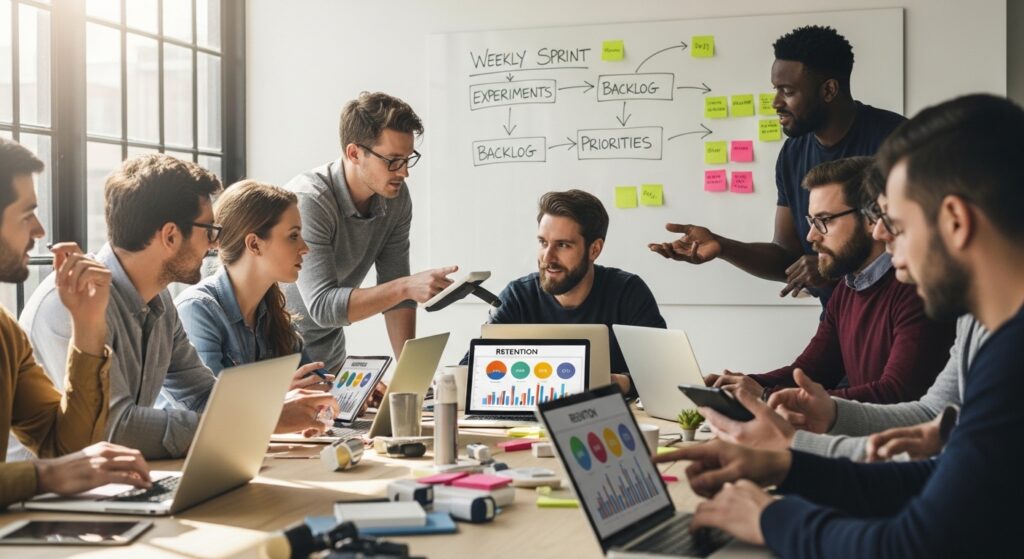 Equipe de marketing analisando métricas de crescimento e protótipos em escritório moderno
