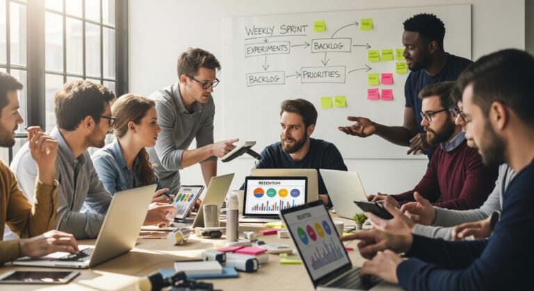 Equipe de marketing analisando métricas de crescimento e protótipos em escritório moderno