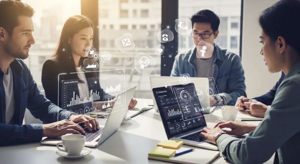 Equipe enxuta analisando dashboards de marketing digital em escritório moderno