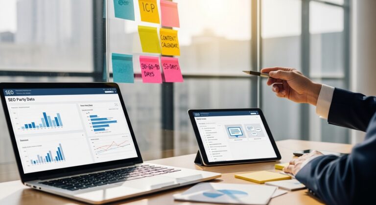 Profissionais de marketing em sessão de planejamento digital com laptop e notas adesivas