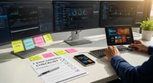 Profissional de marketing digital analisando dados em telas com checklist de 7 passos
