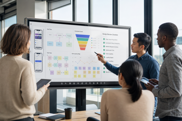 Equipe de designers UX/UI trabalhando em protótipos de interface em escritório moderno