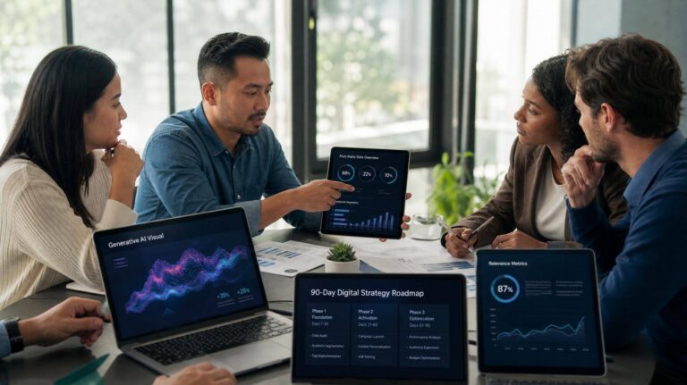 Equipe de marketing reunida em escritório moderno com dashboards digitais.