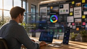 Profissional de marketing digital analisando métricas holográficas em escritório moderno