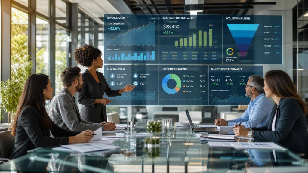 Equipe de varejo digital analisando indicadores de crescimento e dados no escritório moderno