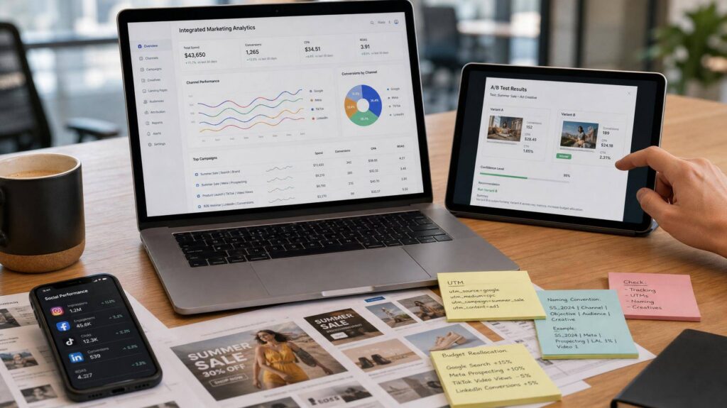 Mesa de escritório com laptop exibindo painel de marketing digital e anotações