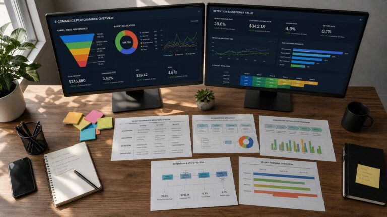 Analista de marketing digital analisando dashboards de e-commerce