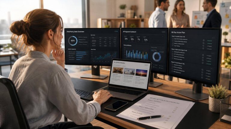 Especialista de marketing digital revisa dashboards de dados e plano de 90 dias em escritório moderno