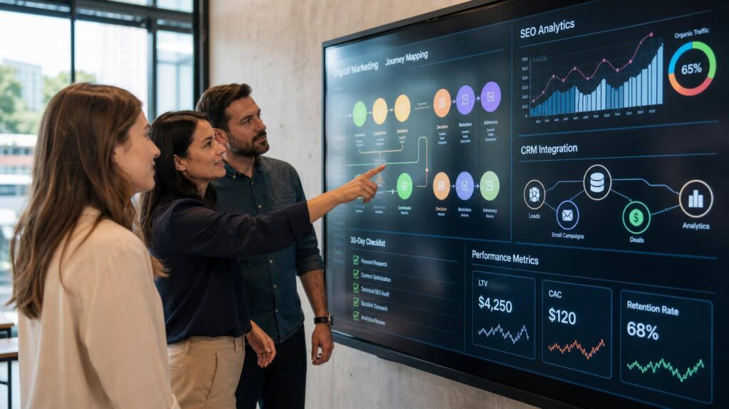 Equipe de marketing colabora diante de tela interativa com dashboard mostrando mapeamento de jornada, SEO e métricas de CRM.